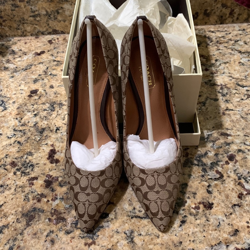 Coach canvas and leather soled stacked wood heeled pumps